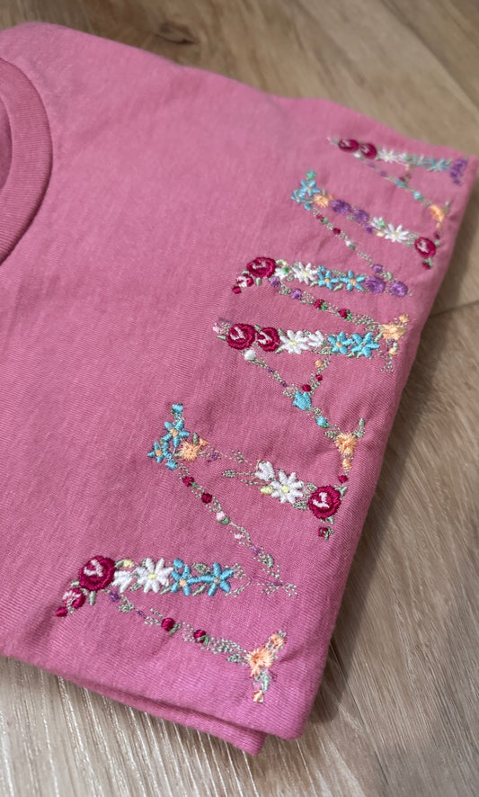 Floral Embroidered “MAMA” T-Shirt