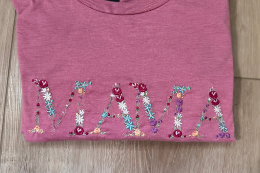 Floral Embroidered “MAMA” T-Shirt